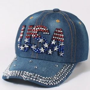 Rhinestone USA Flag Denim Baseball Hat